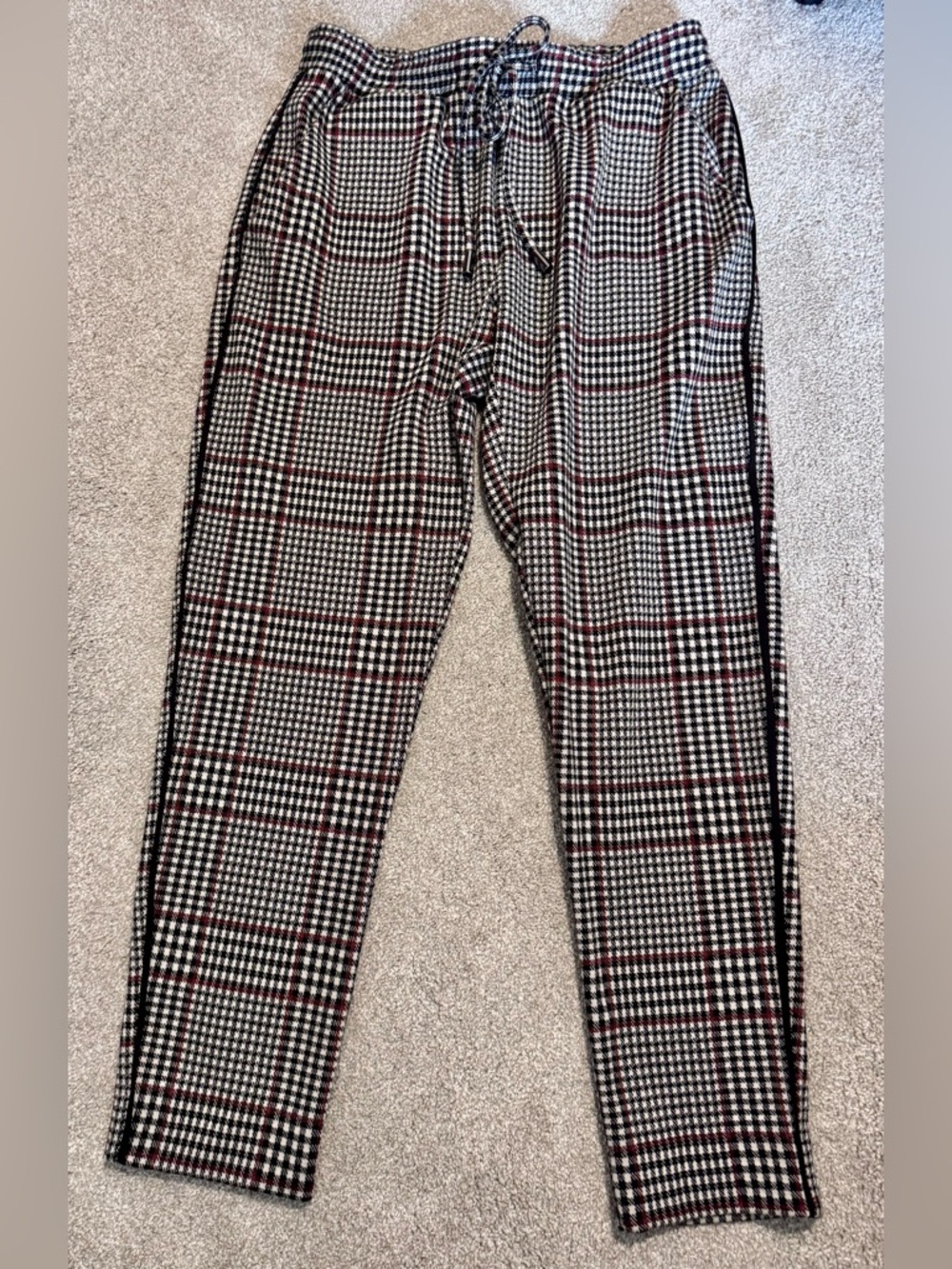 Menswear Black & White Glen Plaid Drawstring Pants piping down leg